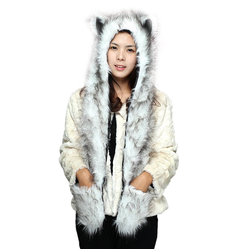 Fakeface Winter Animal Hat Faux Fur Hooded Scarf Cute Furry Ears Paw Gloves Pocket Hoodie Beanie Cap Party Costume for Women Girls (White) - Image 2